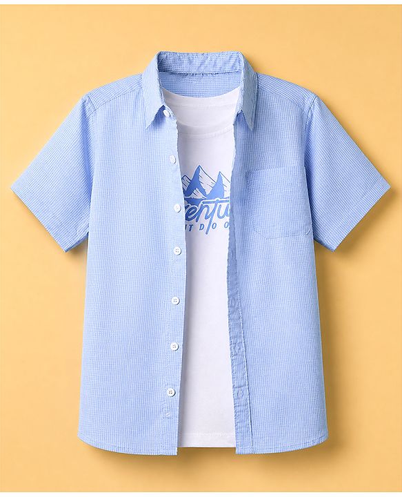 Pine Kids 100% Cotton Woven Shirt and Tank Top with Half Sleeves and Mountains Print in Light/Sky Blue for 4-5 Years