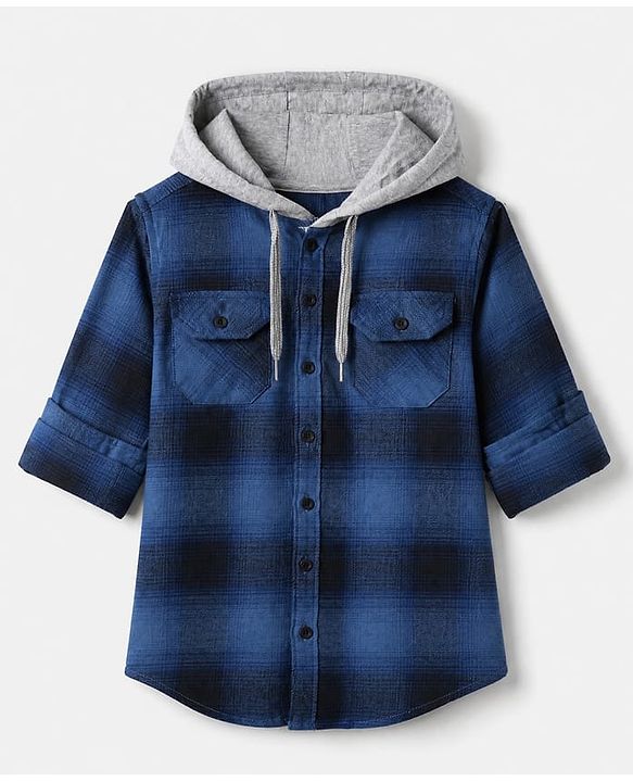 Pine Kids 100% Cotton Woven Hooded Checked Shirt with Full Sleeves - Blue