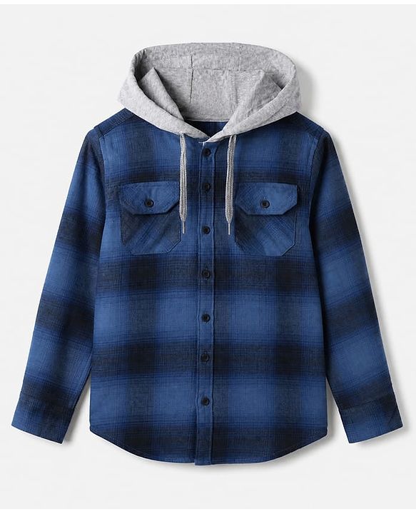 Pine Kids 100% Cotton Woven Hooded Checked Shirt with Full Sleeves - Blue