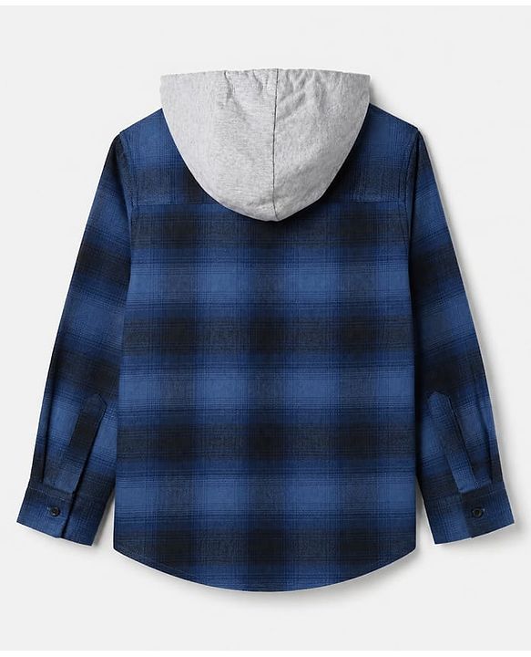 Pine Kids 100% Cotton Woven Hooded Checked Shirt with Full Sleeves - Blue
