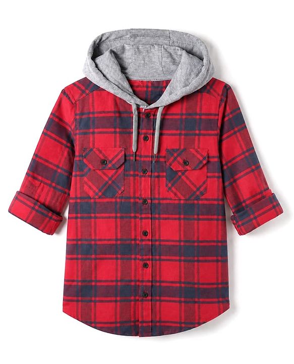 Pine Kids 100% Cotton Woven Hooded Shirts with Full Sleeves and Tartan Checks Print in Red