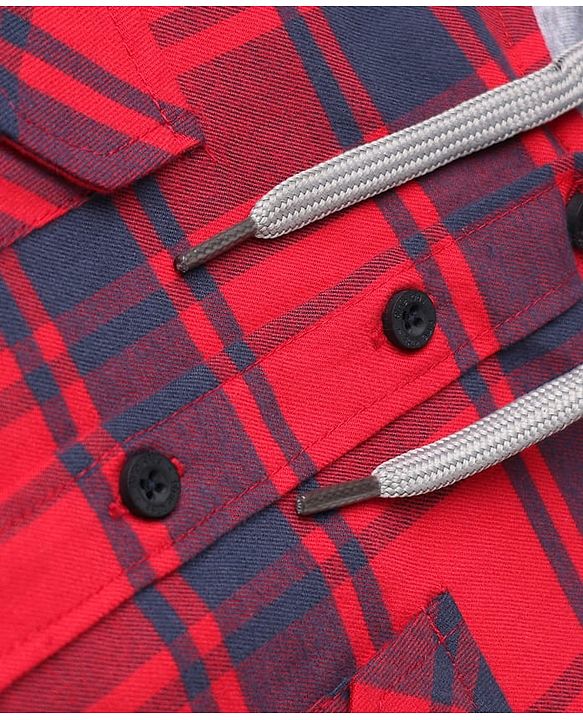 Pine Kids 100% Cotton Woven Hooded Shirts with Full Sleeves and Tartan Checks Print in Red