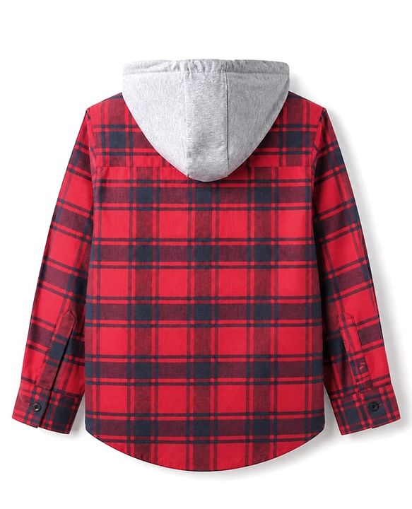 Pine Kids 100% Cotton Woven Hooded Shirts with Full Sleeves and Tartan Checks Print in Red