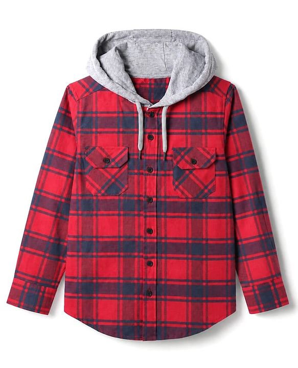 Pine Kids 100% Cotton Woven Hooded Shirts with Full Sleeves and Tartan Checks Print in Red