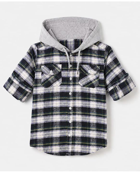 Pine Kids 100% Cotton Woven Hooded Checked Shirt with Full Sleeves - Green