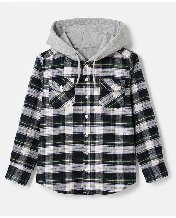 Pine Kids 100% Cotton Woven Hooded Checked Shirt with Full Sleeves - Green