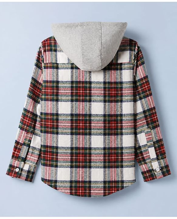 Pine Kids 100% Cotton Woven Full-Sleeves Checked Shirt With Hoodie - Red