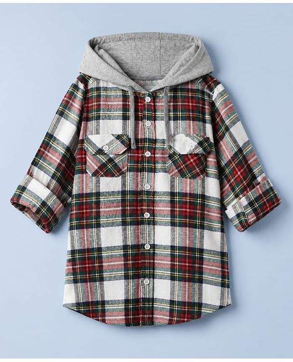 Pine Kids 100% Cotton Woven Full-Sleeves Checked Shirt With Hoodie - Red