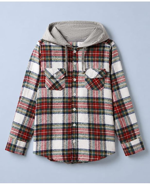 Pine Kids 100% Cotton Woven Full-Sleeves Checked Shirt With Hoodie - Red