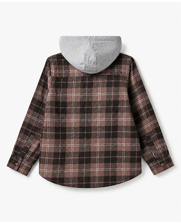 Pine Kids 100% Cotton Woven Hooded Shirts with Full Sleeves and Tartan Checks Print in Brown for 4-5 Years
