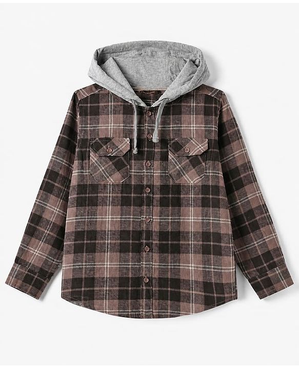 Pine Kids 100% Cotton Woven Hooded Shirts with Full Sleeves and Tartan Checks Print in Brown for 4-5 Years
