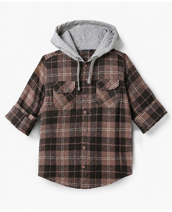 Pine Kids 100% Cotton Woven Hooded Shirts with Full Sleeves and Tartan Checks Print in Brown for 4-5 Years