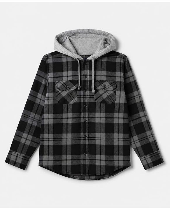 Pine Kids 100% Cotton Woven Hooded Shirts with Full Sleeves and Buffalo Checks Print in Grey