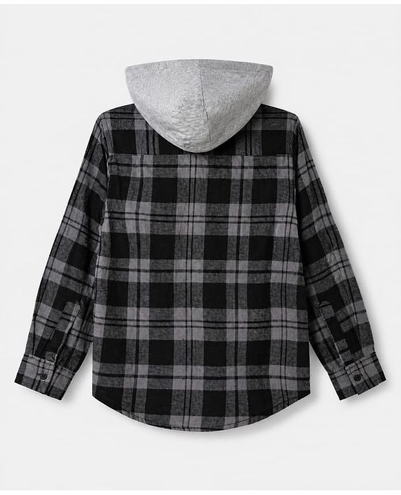 Pine Kids 100% Cotton Woven Hooded Shirts with Full Sleeves and Buffalo Checks Print in Grey