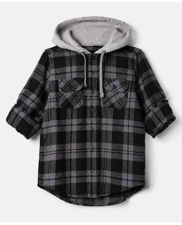 Pine Kids 100% Cotton Woven Hooded Shirts with Full Sleeves and Buffalo Checks Print in Grey