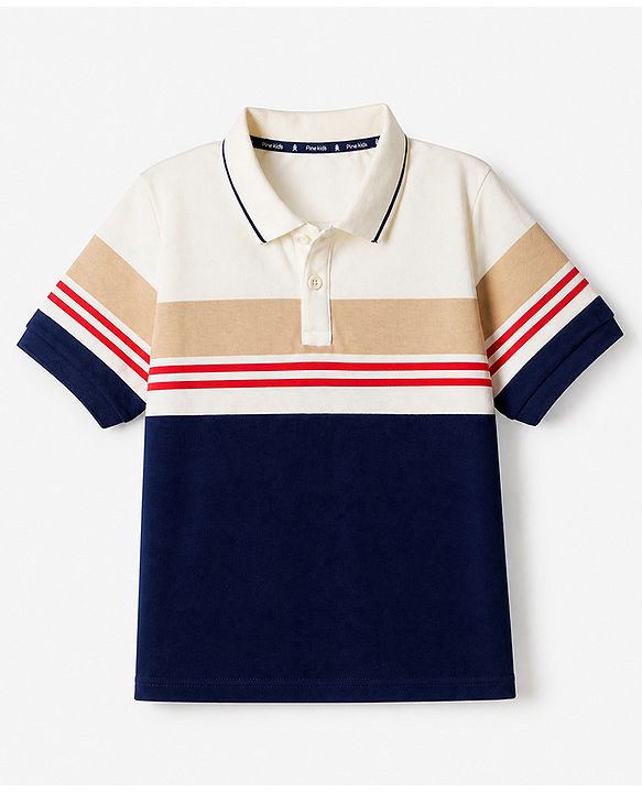 Pine Kids Knit Polo T-Shirt with Half Sleeves and Striped Print in Navy Blue