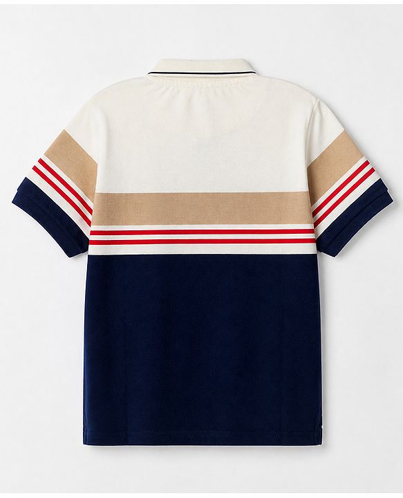 Pine Kids Knit Polo T-Shirt with Half Sleeves and Striped Print in Navy Blue