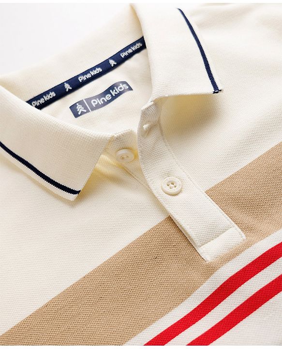 Pine Kids Knit Polo T-Shirt with Half Sleeves and Striped Print in Navy Blue