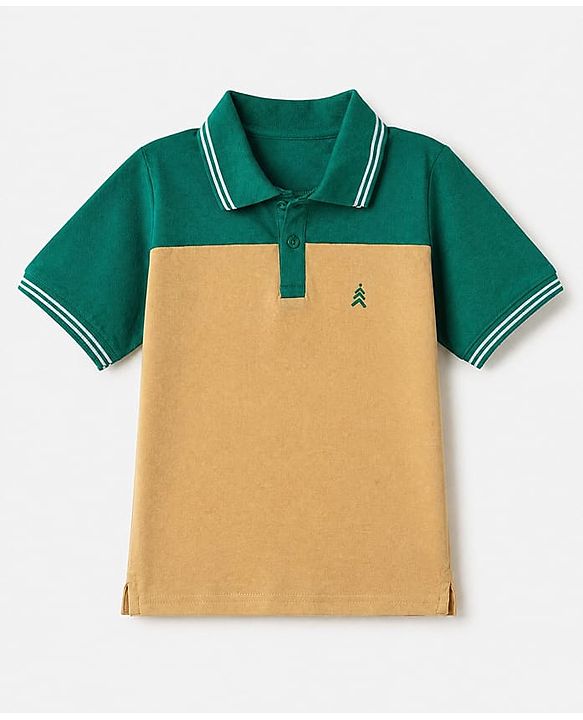 Pine Kids Knit with Half Sleeves Polo T-Shirt Tree Embroidery in Offwhite