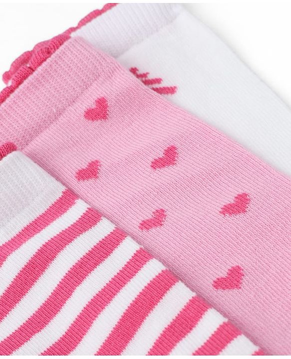 Pine Kids Cotton Knit Mid Calf Length Stripes Socks With Heart Design Pack Of 3 -Pink & White