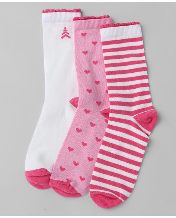 Pine Kids Cotton Knit Mid Calf Length Stripes Socks With Heart Design Pack Of 3 -Pink & White
