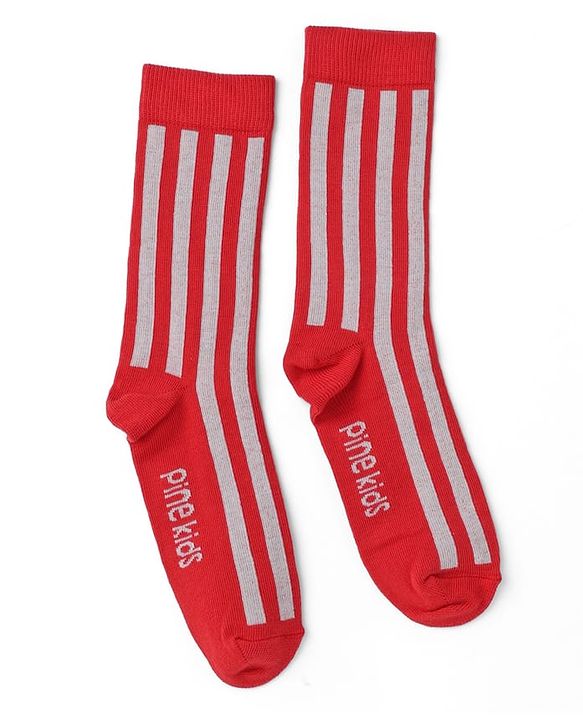 Pine Kids Cotton Knit Mid Calf Length Striped Socks With Heart Design Pack Of 3 -Red