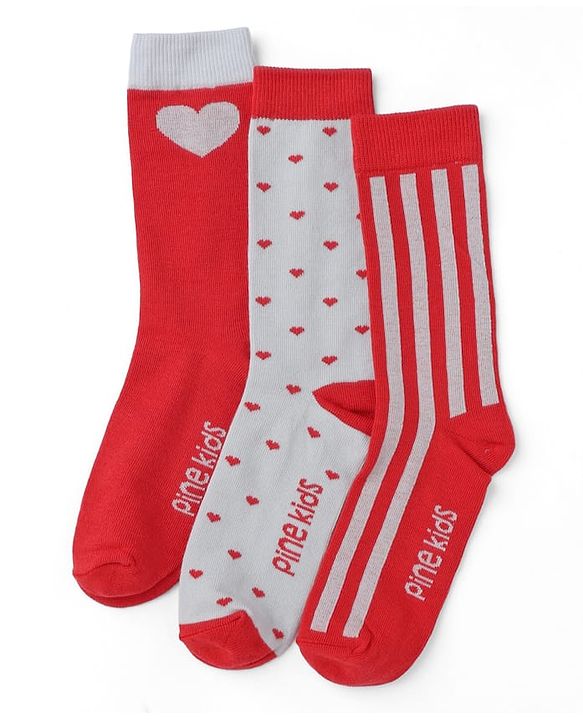 Pine Kids Cotton Knit Mid Calf Length Striped Socks With Heart Design Pack Of 3 -Red