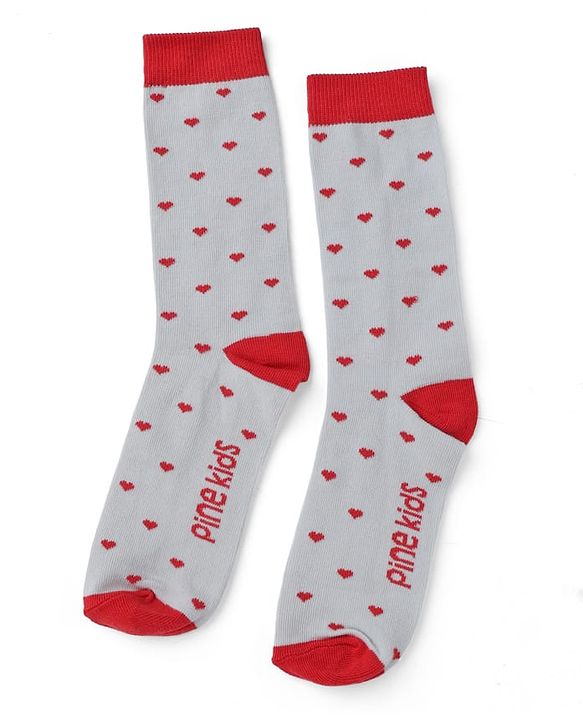 Pine Kids Cotton Knit Mid Calf Length Striped Socks With Heart Design Pack Of 3 -Red