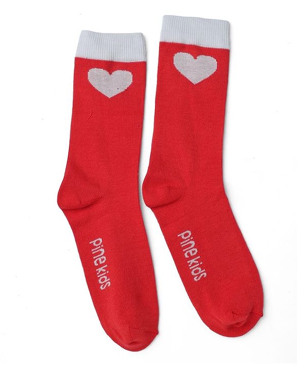 Pine Kids Cotton Knit Mid Calf Length Striped Socks With Heart Design Pack Of 3 -Red