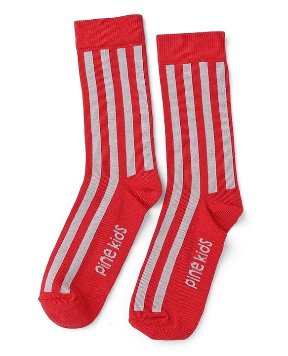 Pine Kids Cotton Knit Mid Calf Length Striped Socks With Heart Design Pack Of 3 -Red