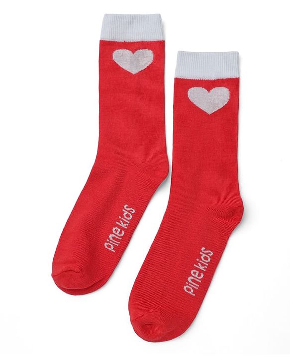 Pine Kids Cotton Knit Mid Calf Length Striped Socks With Heart Design Pack Of 3 -Red
