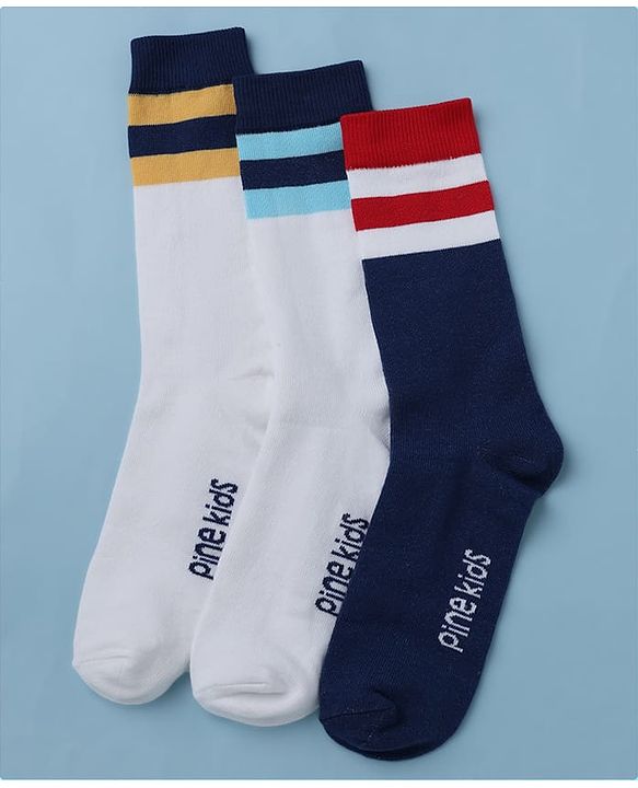 Pine Kids Cotton Mix Knit Below Knee Length Striped Socks Pack of 3 - White