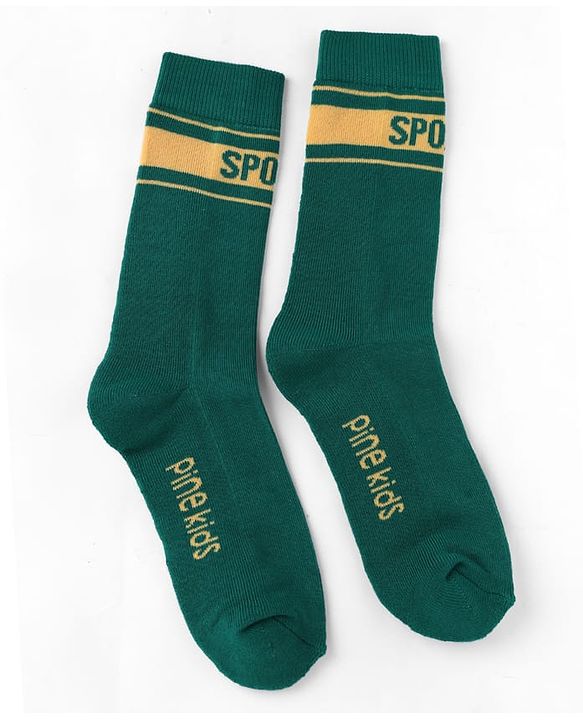 Pine Kids Cotton Knit Mid Calf Length Socks With Pine Kids Text Design Pack Of 3 -Blue Green & Mustard