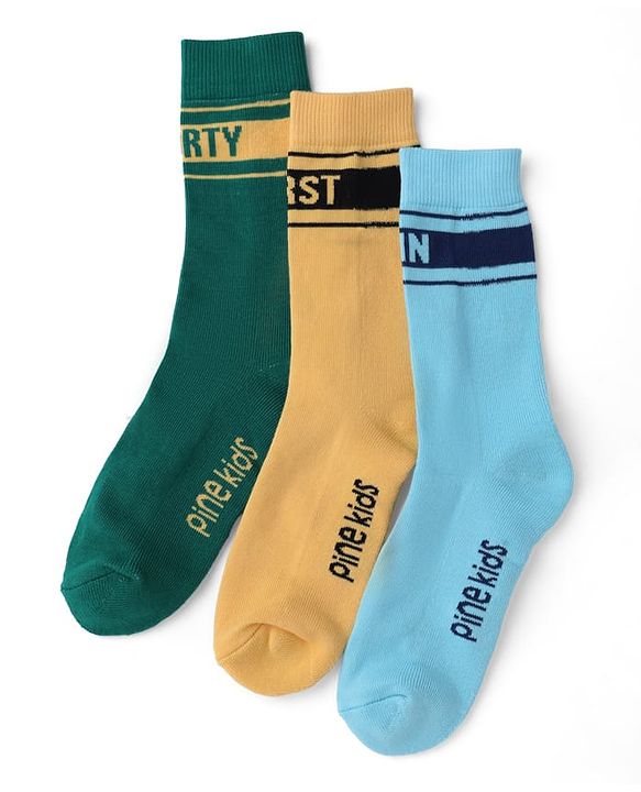 Pine Kids Cotton Knit Mid Calf Length Socks With Pine Kids Text Design Pack Of 3 -Blue Green & Mustard