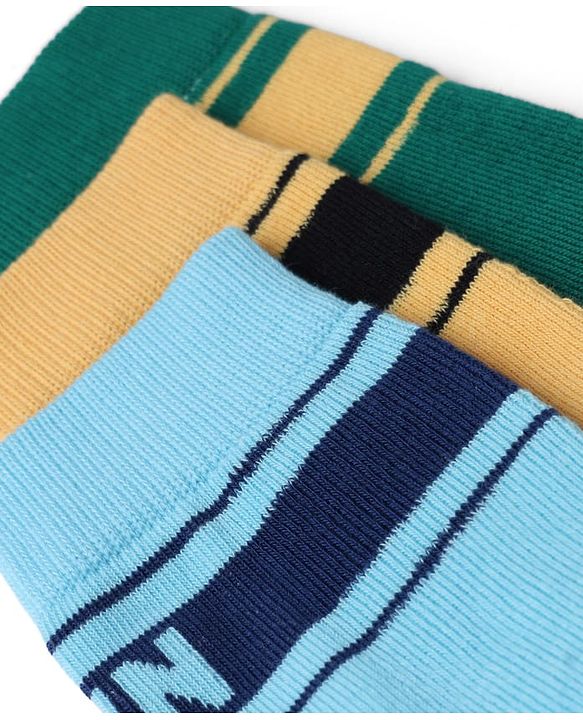 Pine Kids Cotton Knit Mid Calf Length Socks With Pine Kids Text Design Pack Of 3 -Blue Green & Mustard