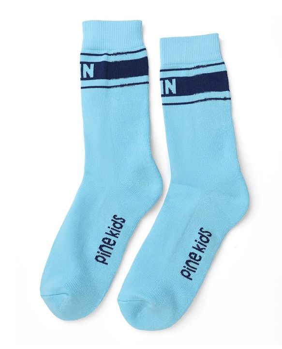 Pine Kids Cotton Knit Mid Calf Length Socks With Pine Kids Text Design Pack Of 3 -Blue Green & Mustard