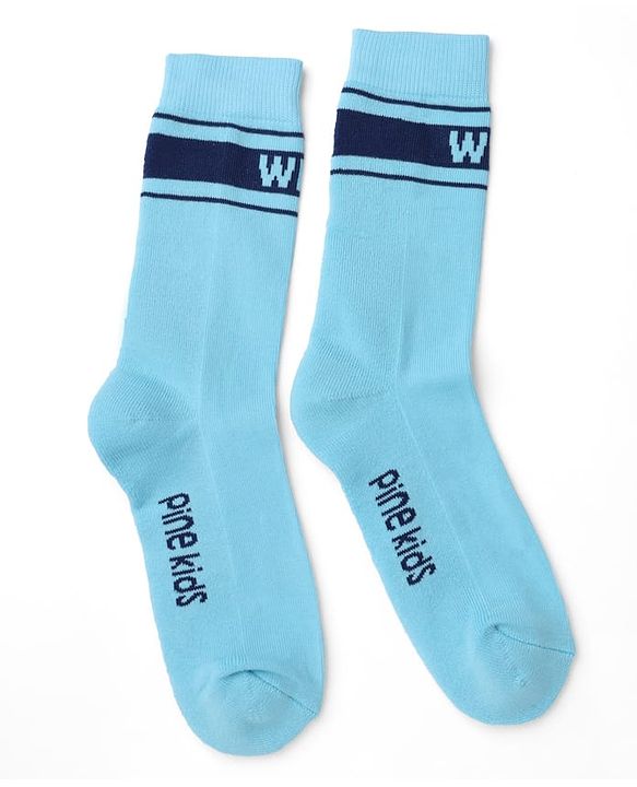 Pine Kids Cotton Knit Mid Calf Length Socks With Pine Kids Text Design Pack Of 3 -Blue Green & Mustard