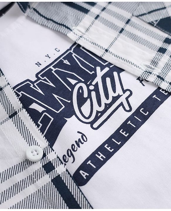Pine Kids 100% Cotton Woven Full Sleeves Tartan Plaid Checks Shirt With Text Printed Tank Tee - White
