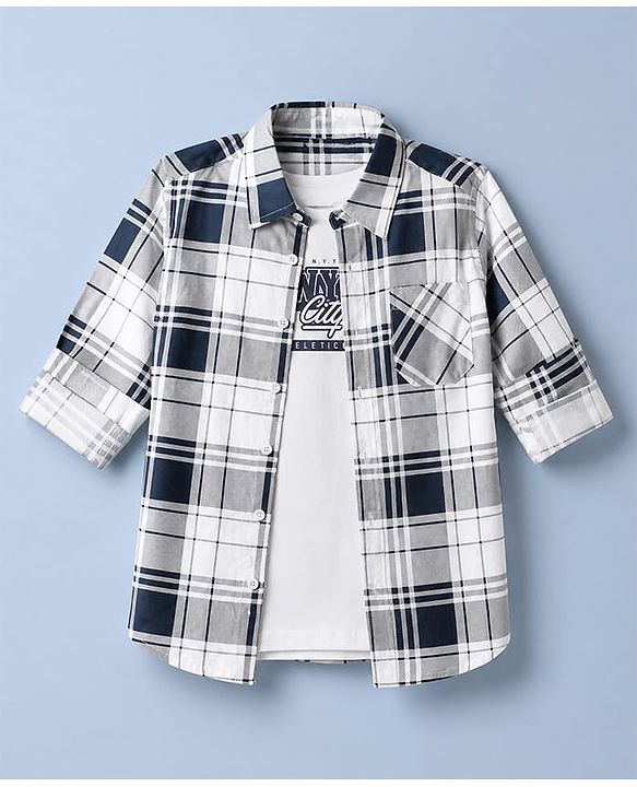 Pine Kids 100% Cotton Woven Full Sleeves Tartan Plaid Checks Shirt With Text Printed Tank Tee - White