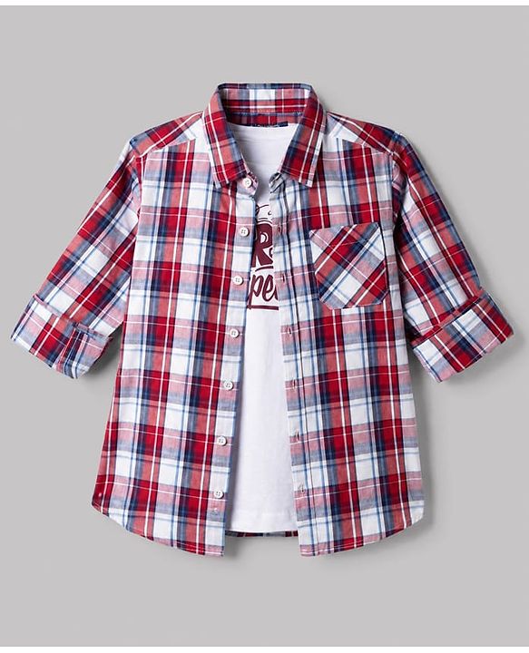 Pine Kids 100% Cotton Woven Full Sleeves Tartan Checks Shirt and Tank Top with Street Competition Print - Red