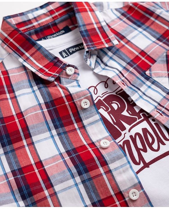 Pine Kids 100% Cotton Woven Full Sleeves Tartan Checks Shirt and Tank Top with Street Competition Print - Red