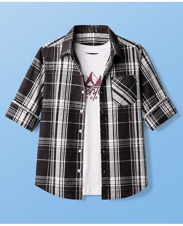 Pine Kids 100% Cotton Woven Full Sleeves Checks Shirt and Tank Top in Black