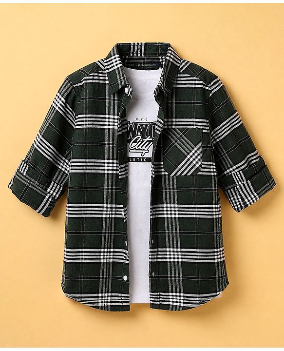 Pine Kids 100% Cotton Woven Full Sleeves Shirt and Tank Top Set with Full Sleeves and New York City N.Y.C New York City Legend Forever Atheletic Team Print in Olive Green for 4-5 Years