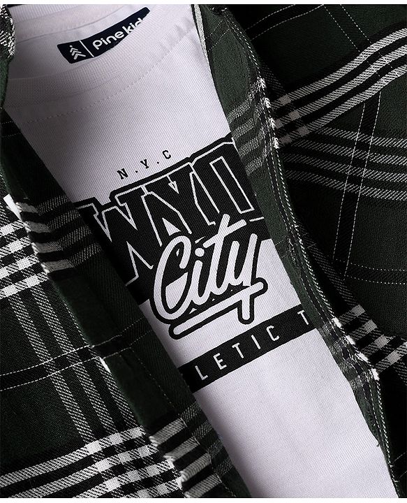 Pine Kids 100% Cotton Woven Full Sleeves Shirt and Tank Top Set with Full Sleeves and New York City N.Y.C New York City Legend Forever Atheletic Team Print in Olive Green for 4-5 Years