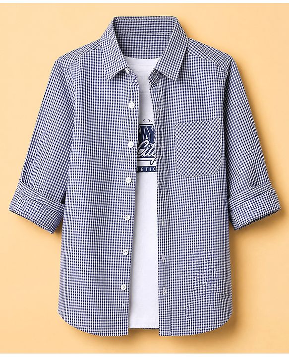 Pine Kids 100% Cotton Woven Shirt and Tank Top Set with Full Sleeves and N.Y. City Athletics Print in Blue for 4-5 Years
