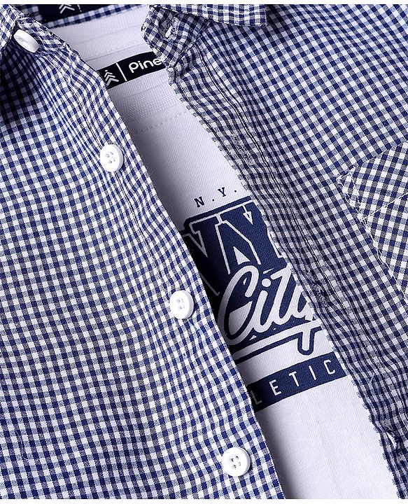 Pine Kids 100% Cotton Woven Shirt and Tank Top Set with Full Sleeves and N.Y. City Athletics Print in Blue for 4-5 Years