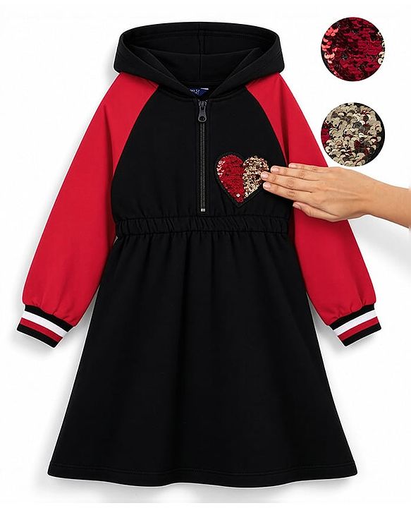 Pine Kids 100% Cotton Knit Winter Frock with Full Raglan Sleeves, Hooded Neck and Heart Sequins in Black