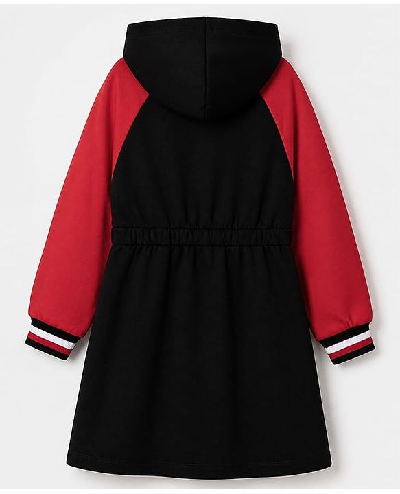 Pine Kids 100% Cotton Knit Winter Frock with Full Raglan Sleeves, Hooded Neck and Heart Sequins in Black