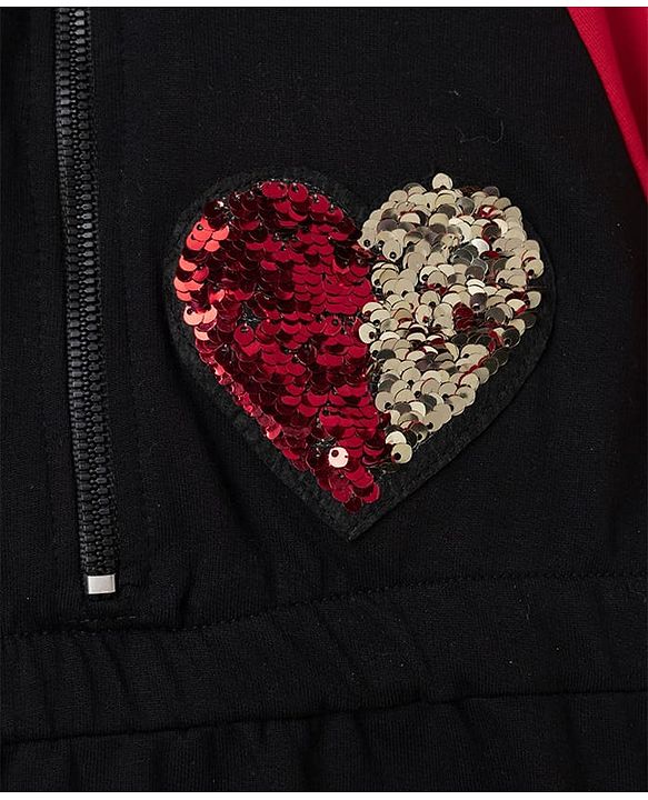 Pine Kids 100% Cotton Knit Winter Frock with Full Raglan Sleeves, Hooded Neck and Heart Sequins in Black