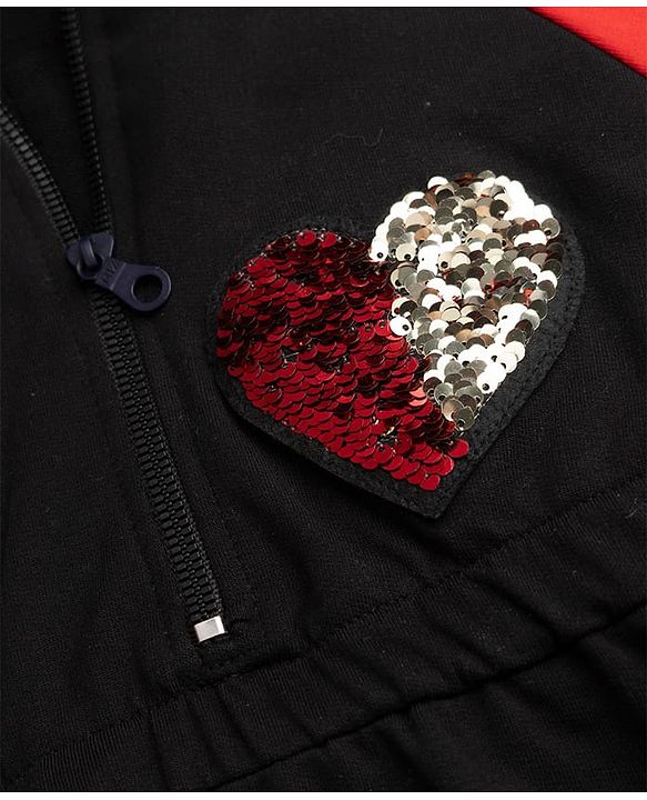 Pine Kids 100% Cotton Knit Winter Frock with Full Raglan Sleeves, Hooded Neck and Heart Sequins in Black